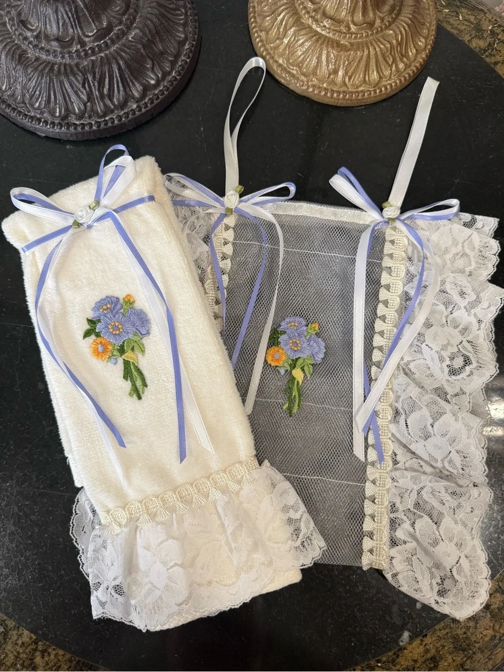 💐 Hand Crafted White Hand Towel & Spare Toilet Paper Holder with Lace Trim 💐